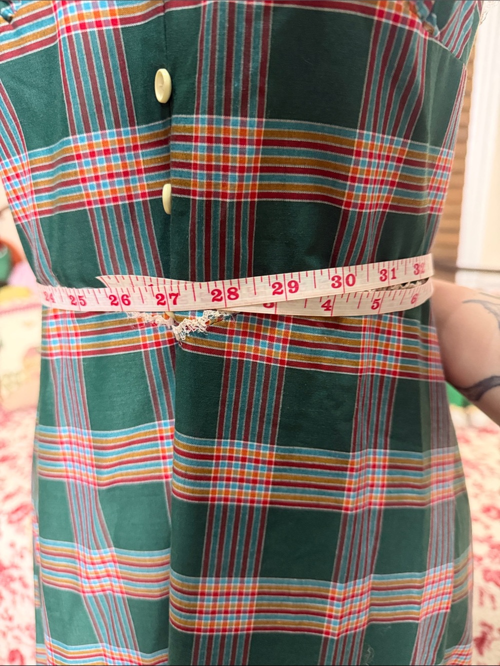 Vintage Green and Pink Plaid Lace-Trim Sundress - Picture 7 of 7